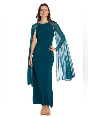 R&M Richards Teal Maxi Gown with Sheer Cape
